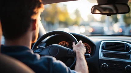 A close-up shot of a person driving a car, focused on the steering wheel and dashboard, representing the daily commute or travel.