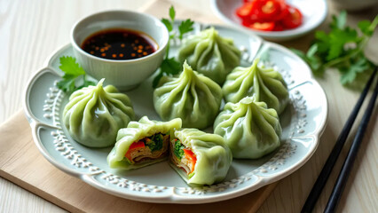 Bright green vegetable dumplings filled with a medley of veggies, arranged on a white plate with soy dipping sauce, vegetarian dish, steamed dumplings