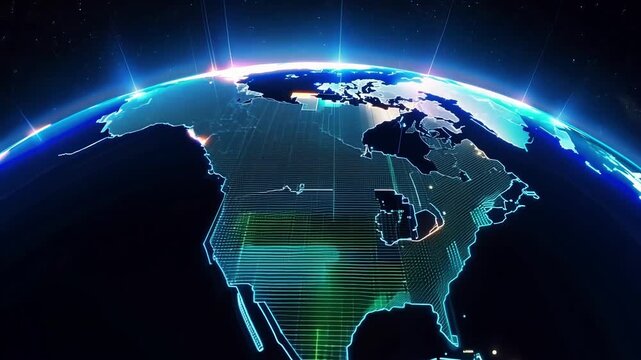 The constant flow of information and data is represented through a pulsating everchanging network of glowing lines and pathways across the Earths surface.