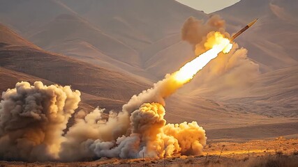 missile attack launching with fire trail and smoke desolated landscape battle field,