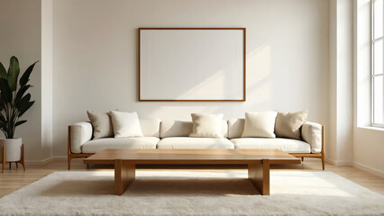 A simple coffee table with no items, centrally placed in room, plain rug underneath, clean walls, empty wall frame mockup, minimalist decor, spacious interior