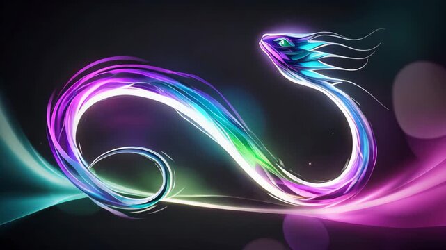 abstract digital illustration of a serpentine dragon in motion with swirling hues of purple, blue, and green neon colors. Intro, Chinese calendar. Symbol of year