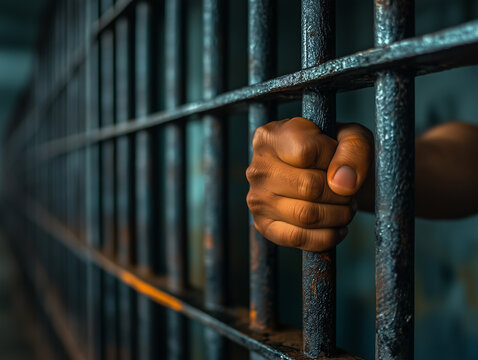 Hand gripping prison bars in a dimly lit cell at night