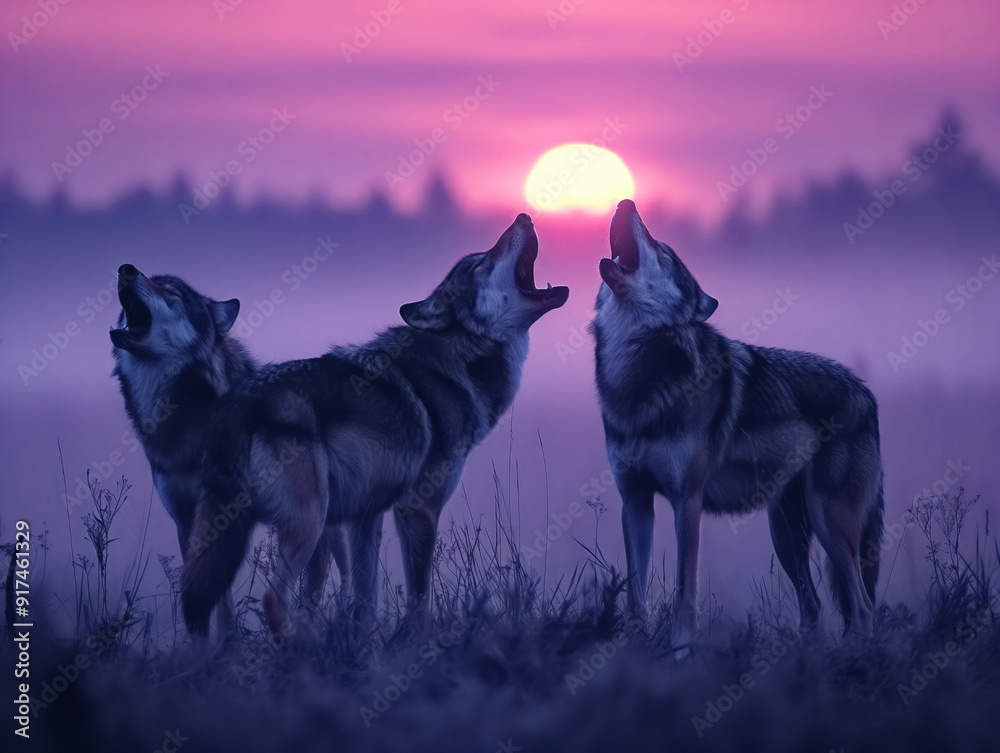 Poster Three wolves are standing in a field, howling at the sun. The sky is a beautiful pink color, and the sun is setting in the distance