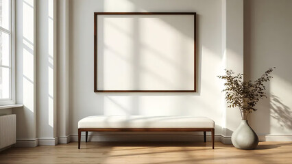 Minimalist bench in empty living room, sleek design, blank wall, empty wall frame mockup