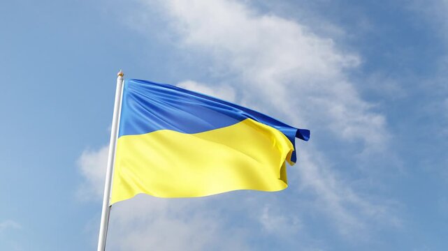 Flag of Ukraine on a blue sky, flag on a flag pole waving in the wind, est european country, national symbol of Ukraine, video of a flag