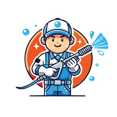 Cartoon Mascot Design Featuring a Worker with Pressure Washer, Ideal for Cleaning and Sanitation Businesses