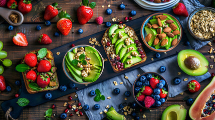Fototapeta premium healthy food table top view featuring avocado toast, fresh fruits like strawberries and blueberries, bowls of yogurt with granola and nuts, directly above view, all arranged on a rustic wooden table.