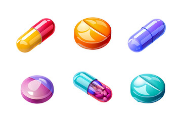 Set of colorful medical pills or capsules of various kinds isolated on transparent background. Tablet, vitamin and food supplement. Medical and healthcare concept. Collection of tablets for design