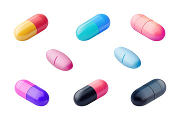 Set of colorful medical pills or capsules of various kinds isolated on transparent background. Tablet, vitamin and food supplement. Medical and healthcare concept. Collection of tablets for design