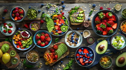 Fototapeta premium healthy food table top view featuring avocado toast, fresh fruits like strawberries and blueberries, bowls of yogurt with granola and nuts, directly above view, all arranged on a rustic wooden table.