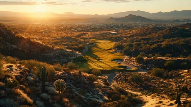 Golf course at sunset with cactus and mountains in Arizona.