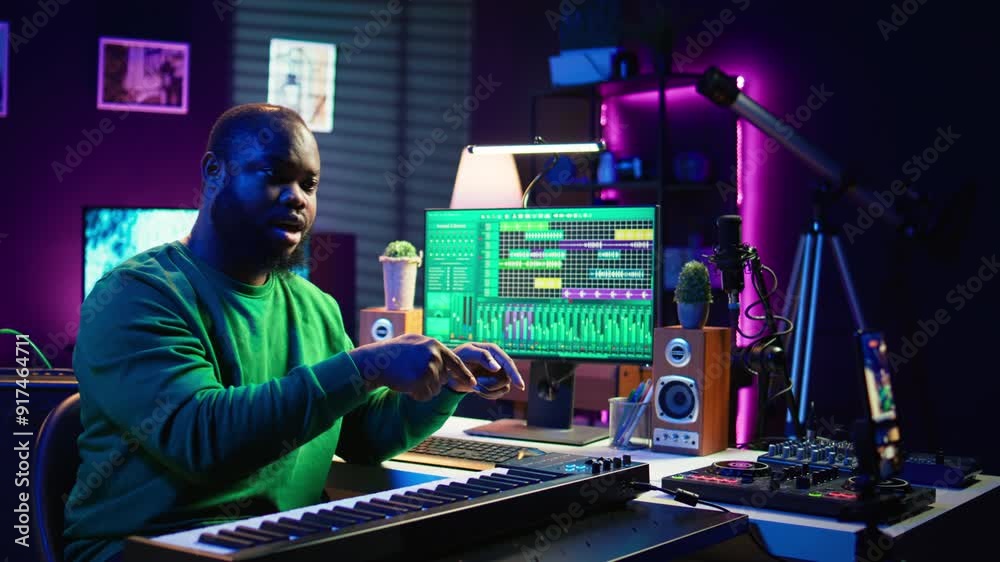 Aufkleber Musician doing online paid classes to help people play piano notes, teaching lessons from his home studio and recording video tutorials. Musical instructor playing midi controller keyboard. Camera B.