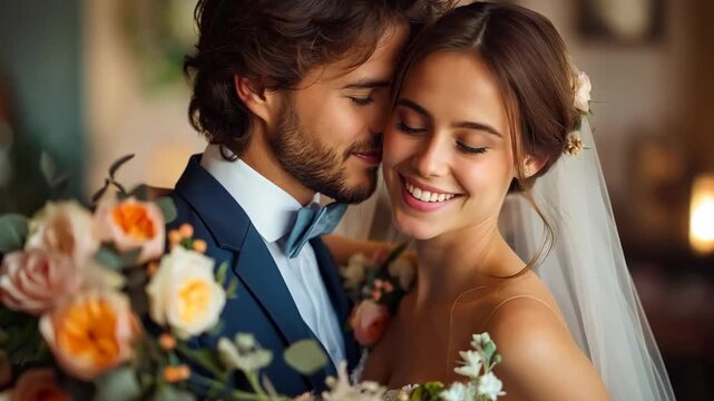 groom kissing bride cheek with smile and love at wedding ceremony day