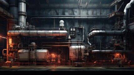 Industrial Factory at Night: Cityscape with Lit Sign in Urban Area