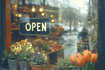 Cozy Flower Shop with Open Sign on a Rainy Day