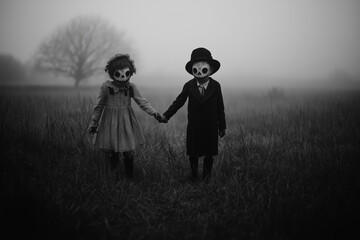 black and white horror photo of two creepy kids wearing vintage halloween costumes and masks in a misty field at night.