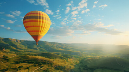 Obraz premium A photographic style of a yellow and red striped hot air balloon, flying over a lush green landscape, clear blue sky with soft clouds
