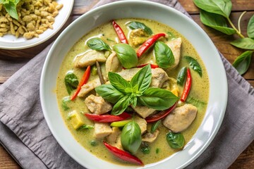 Top view of a flavorful Thai green curry with chicken, bell peppers, and basil on a white plate