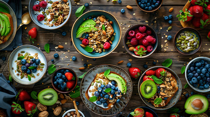 healthy food table top view featuring avocado toast, fresh fruits like strawberries and blueberries, bowls of yogurt with granola and nuts, directly above view, all arranged on a rustic wooden table.