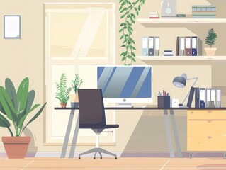 Modern home office interior with plants and organized shelves in a well-lit workspace during the day