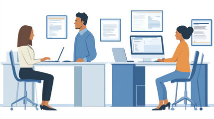 Three people are sitting at desks in an office