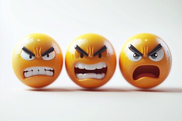 Obraz premium Row of Yellow Angry Unhappy Smiley Faces Emoji Emoticons Generative Illustration on Blank White