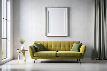 Mockup with empty frame to advertise your painting or poster in a modern minimalist apartment interior in yellow green pastel colors