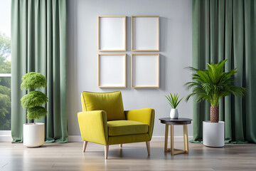 Fototapeta premium Mockup with empty frame to advertise your painting or poster in a modern minimalist apartment interior in yellow green pastel colors