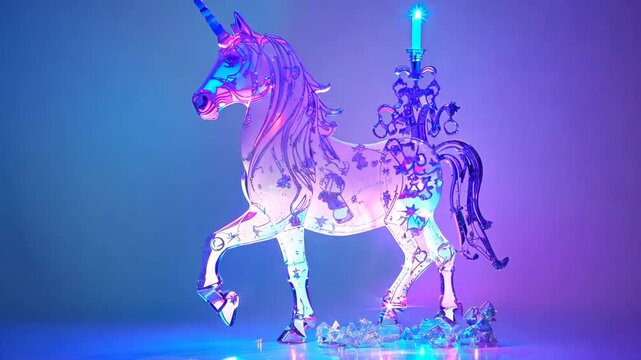 This is a crystal clear, translucent ice sculpture of a unicorn. The unique design showcases the fantasy theme and magical nature of this mythical creature.