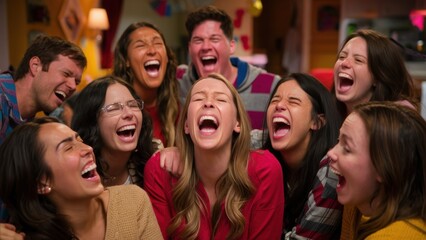 A group of people laughing together in a circle, AI