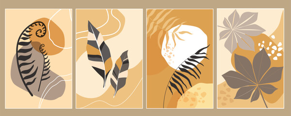 A set of abstract minimalistic posters with silhouettes of leaves against a background of random spots and lines. Trendy simple natural illustration. Vector graphics.