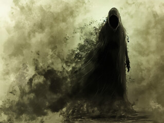 A dark figure with a hooded cape is standing in a misty, foggy atmosphere. Scene is eerie and ominous, with the figure appearing to be a ghost or a spirit