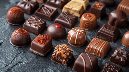 Assorted chocolates on dark textured surface, luxurious and rich, elegant layout, space for text