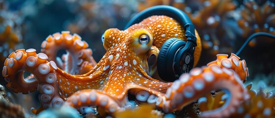 DJ octopus with headphones, spinning tunes underwater, colorful marine backdrop