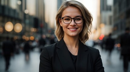A woman with a smile wearing glasses and a black blazer against a blurry city backdrop 