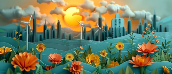 Paper art scene of industrial factories and wind turbines, sun and clouds, representing energy transition