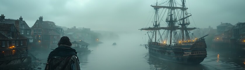 Fototapeta premium Pirate ship docked in a foggy, old town harbor, with towering buildings and misty atmosphere