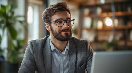 Obraz premium A man wearing glasses and a gray jacket is sitting at a desk with a laptop