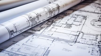 Rolled Blueprints On A Detailed Architectural Drawing Featuring A Floor Plan And Technical Sketches