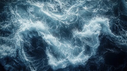 Fototapeta premium Captivating top-down shot of turbulent Pacific Ocean waves, rendered in high detail to highlight their dynamic and frothy surfaces