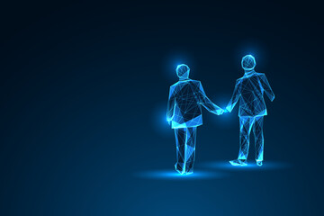 Business agreement abstract concept shows two men silhouette shaking hands on dark blue background. 