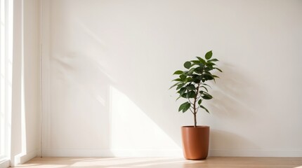 An indoor bright minimalist scene with a potted plant 