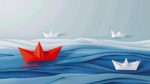 Collection of red and white origami boats floating on blue water, symbolizing peace and tranquility.