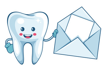Cartoon of a tooth character with open letter envelope for email. Prevention, diagnosis and treatment of tooth. Dental hygiene and oral care. Tooth decay prevention. Health and medicine concept