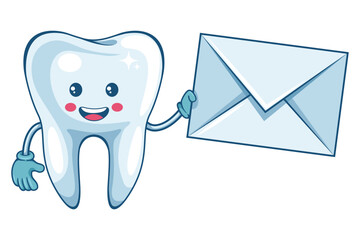 Cartoon of a tooth character with letter envelope for email. Prevention, diagnosis and treatment of tooth. Dental hygiene and oral care. Tooth decay prevention. Health and medicine concept