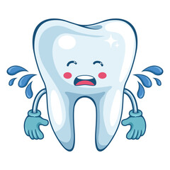 Cartoon of a tooth crying because it is sick. Prevention, diagnosis and treatment of tooth and gum diseases. Dental hygiene and oral care. Tooth decay prevention. Health and medicine concept