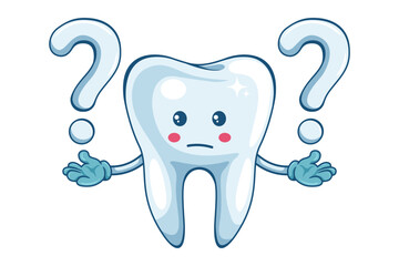 Tooth cartoon expressing doubt with a question mark. Question mark for FAQ concept. Prevention, diagnosis and treatment of tooth and gum diseases. Dental hygiene and oral care. Tooth decay prevention