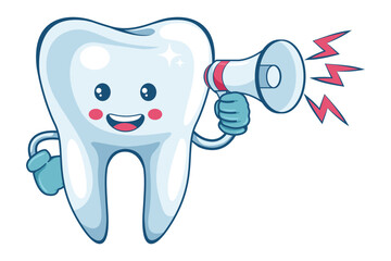 Cartoon of a tooth character making an announcement with a megaphone. Prevention, diagnosis and treatment of tooth and gum diseases. Dental hygiene and oral care. Tooth decay prevention