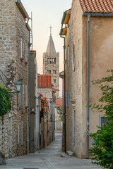 HIstoric towers of a Rab town on Rab island at sunrise, Croatia.